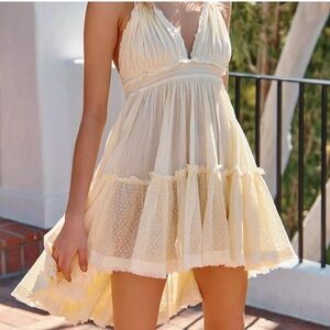 Reworked Free People Dress 100 Degrees Ivory Lace Boho Halter Mini Cotton Small